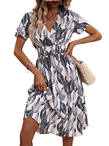 Buicare Damen Kleider V Ausschnitt Sommerkleid Kurzarm A-Linien-Kleid mit Blumenmuster Knielang Sommerkleider Swing Strandkleid Freizeitkleider (M) von Buicare