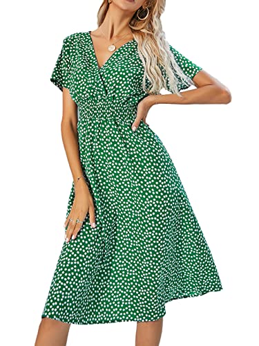 Buicare Damen Kleider V Ausschnitt Sommerkleid Kurzarm A-Linien-Kleid mit Blumenmuster Knielang Sommerkleider Swing Strandkleid Freizeitkleider (M) von Buicare