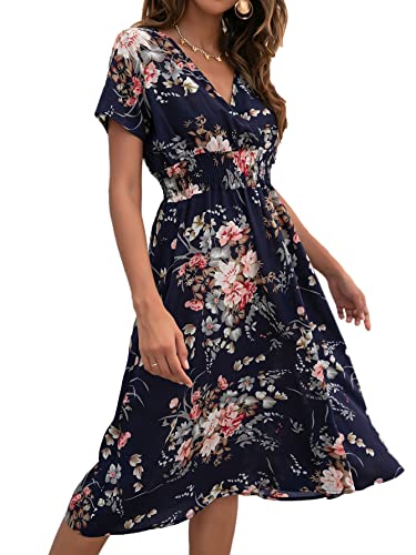 Buicare Damen Kleider V Ausschnitt Sommerkleid Kurzarm A-Linien-Kleid mit Blumenmuster Knielang Sommerkleider Swing Strandkleid Freizeitkleider (M) von Buicare