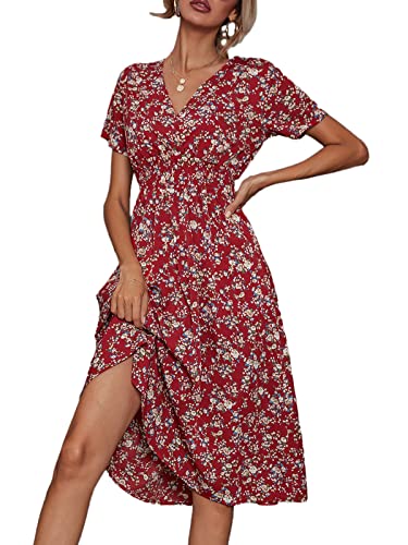 Buicare Damen Kleider V Ausschnitt Sommerkleid Kurzarm A-Linien-Kleid mit Blumenmuster Knielang Sommerkleider Swing Strandkleid Freizeitkleider (M) von Buicare