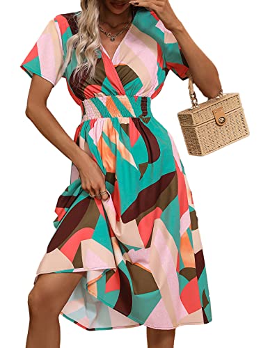 Buicare Damen Kleider V Ausschnitt Sommerkleid Kurzarm A-Linien-Kleid mit Blumenmuster Knielang Sommerkleider Swing Strandkleid Freizeitkleider (S) von Buicare