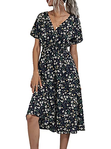 Buicare Damen Kleider V Ausschnitt Sommerkleid Kurzarm A-Linien-Kleid mit Blumenmuster Knielang Sommerkleider Swing Strandkleid Freizeitkleider (XL) von Buicare