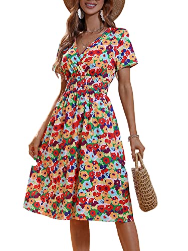 Buicare Damen Kleider V Ausschnitt Sommerkleid Kurzarm A-Linien-Kleid mit Blumenmuster Knielang Sommerkleider Swing Strandkleid Freizeitkleider (XL) von Buicare