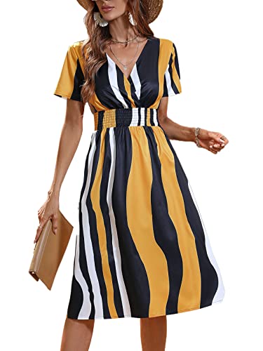 Buicare Damen Kleider V Ausschnitt Sommerkleid Kurzarm A-Linien-Kleid mit Blumenmuster Knielang Sommerkleider Swing Strandkleid Freizeitkleider (XL) von Buicare