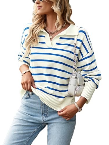 Buicare Damen Pullover Mode Polokragen Strickpullover Klassischer Gestreifter Pulli Weicher Strick Jumper Lässig Oberteile (L) von Buicare