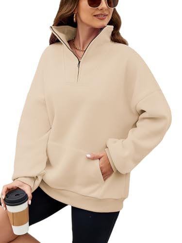 Buicare Damen Sweatshirt Pullover Fleece Langarm Tops Casual Warme Oberteile mit Taschen V-Ausschnitt Reißverschluss Herbst Winter Lockerer Sportpullover (M) von Buicare