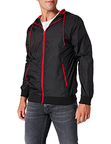 Build Your Brand Herren Übergangsjacke Windrunner, Männer Windjacke mit Kapuze, Funktionsjacke für Männer, Blk/red, 5XL von Build Your Brand