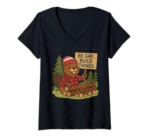 Damen Cute Pride Beaver LGBTQ+ Woodland Construction Lesben T-Shirt mit V-Ausschnitt Damen Cute Pride Beaver LGBTQ+ Woodland Construction Lesben T-Shirt mit V-Ausschnitt von Builder Beaver Co.