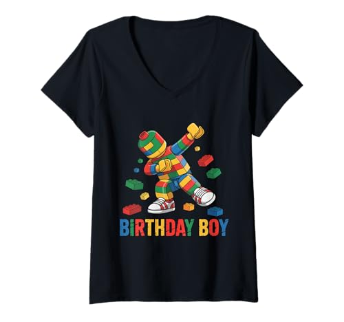 Damen Birthday Boy Dabbing Master Builder Blocks Bricks Geburtstag T-Shirt mit V-Ausschnitt von Builder Birthday Boy