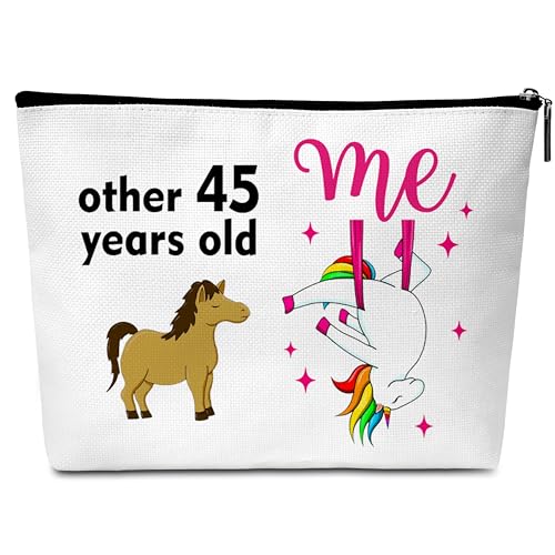 45. Geburtstag Geschenke für Frau, 45 Jahre alt, lustige Einhorn-Make-up-Tasche, 45. Geburtstag Geschenke Kosmetiktasche für Frau, Schwester, Bestie, beste Freunde, Mutter-A09, Weiss/opulenter Garten von Buildinest