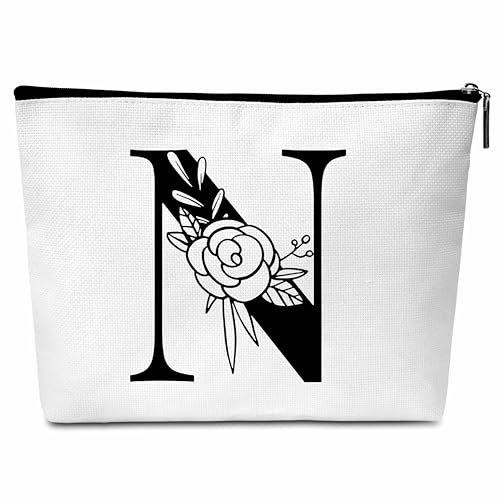 Buildinest Make-up-Tasche mit Blumenmotiv, personalisierbar, mit Initialen, Monogramm, Brautjungfer, Geschenke für Frauen, Freunde, Lehrer, N von Buildinest