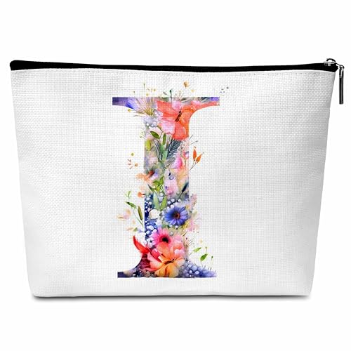 Kosmetiktasche mit Blumenmotiv und Buchstaben, Kulturbeutel, Anfangs-Make-up-Tasche, Geburtstagsgeschenk für Frauen, Mutter, Freunde, Braut, Brautjungfer, I von Buildinest