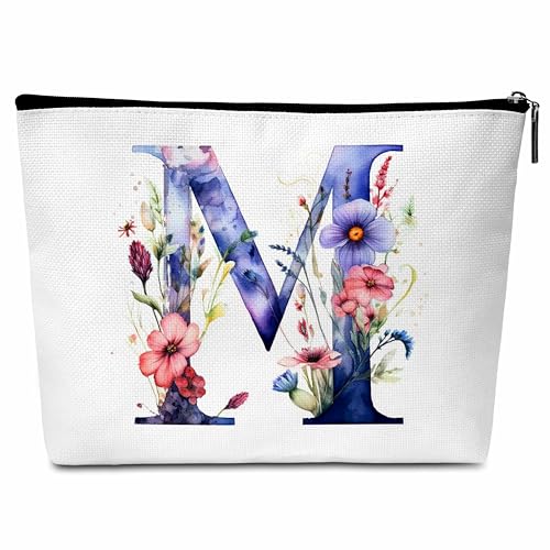 Kosmetiktasche mit Blumenmotiv und Buchstaben, Kulturbeutel, Anfangs-Make-up-Tasche, Geburtstagsgeschenk für Frauen, Mutter, Freunde, Braut, Brautjungfer, M von Buildinest