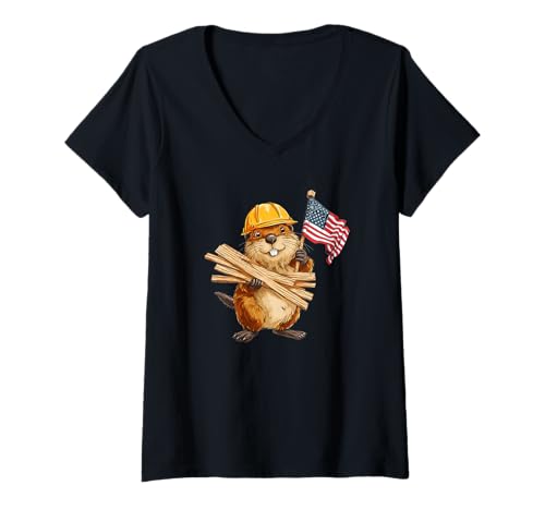 Damen Bauen Sie Biber mit Amerika-Farben in Heimwerker T-Shirt mit V-Ausschnitt Damen Bauen Sie Biber mit Amerika-Farben in Heimwerker T-Shirt mit V-Ausschnitt von Building Beaver Outfit