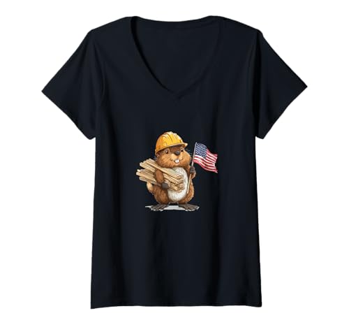 Damen Niedliches USA-Biber-Kostüm mit Handwerker-Helm T-Shirt mit V-Ausschnitt von Building Beaver Outfit