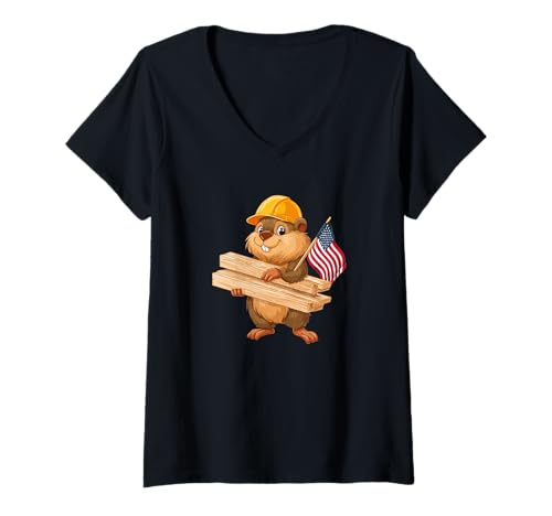 Damen Patriotisches Handwerker-Biber-Kostüm für Erwachsene und Kinder T-Shirt mit V-Ausschnitt von Building Beaver Outfit