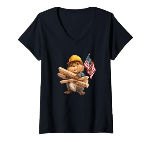 Damen USA Handwerker Kostüm für Biber und Heimwerker Fans T-Shirt mit V-Ausschnitt Damen USA Handwerker Kostüm für Biber und Heimwerker Fans T-Shirt mit V-Ausschnitt von Building Beaver Outfit