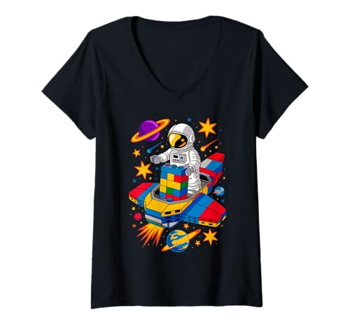 Damen Space Astronaut Master Builder Bausteine Steine Kinder T-Shirt mit V-Ausschnitt von Building Blocks Family Party Toys Birthday Boys