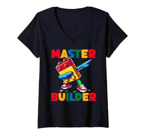 Damen Master Builder Dabbing Boy Bausteine Ziegelbauer T-Shirt mit V-Ausschnitt Damen Master Builder Dabbing Boy Bausteine Ziegelbauer T-Shirt mit V-Ausschnitt von Building Bricks Construction Toys Block Collectors