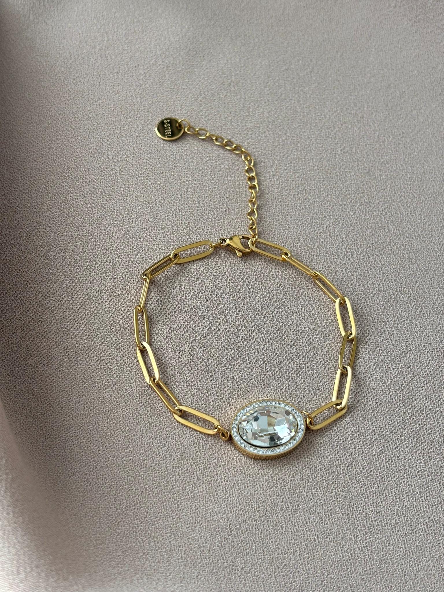 Edelstahl Paperclip Kettenarmband Zirkonstein, Vergoldet von BuinJewellery