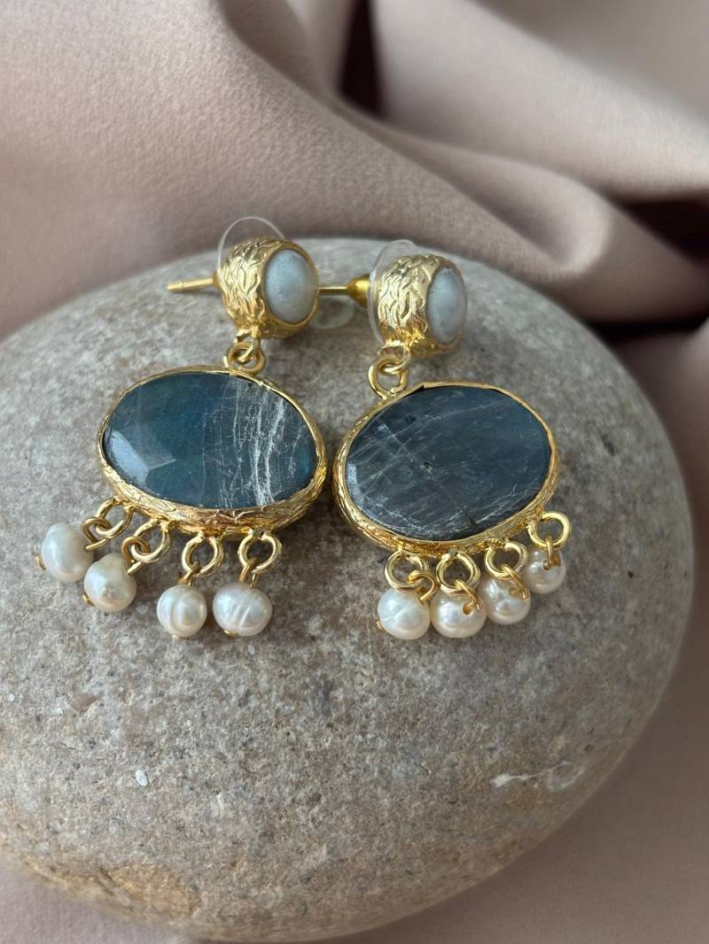 Einzigartige Labradorit Stein Ohrringe, Naturstein Perle Design Echte Gold Ohrringe von BuinJewellery