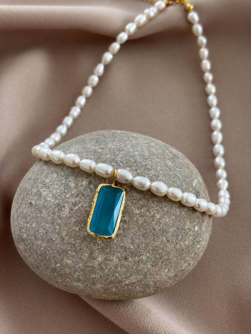 Katzenauge Stein & Süßwasserperle Halskette - Vergoldete Bronze von BuinJewellery