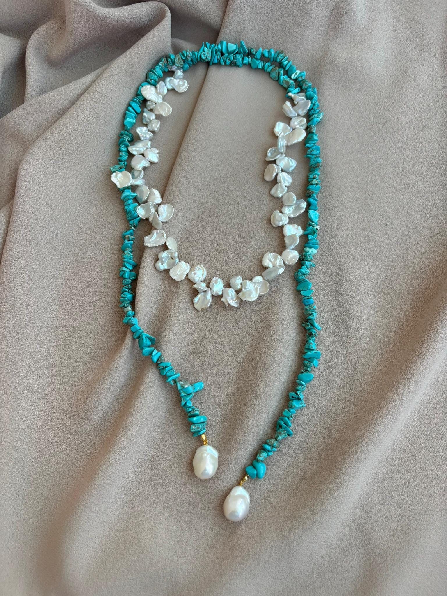 Lange Halskette Mit Türkis Und Barockperle 22K Vergoldetes Messing von BuinJewellery