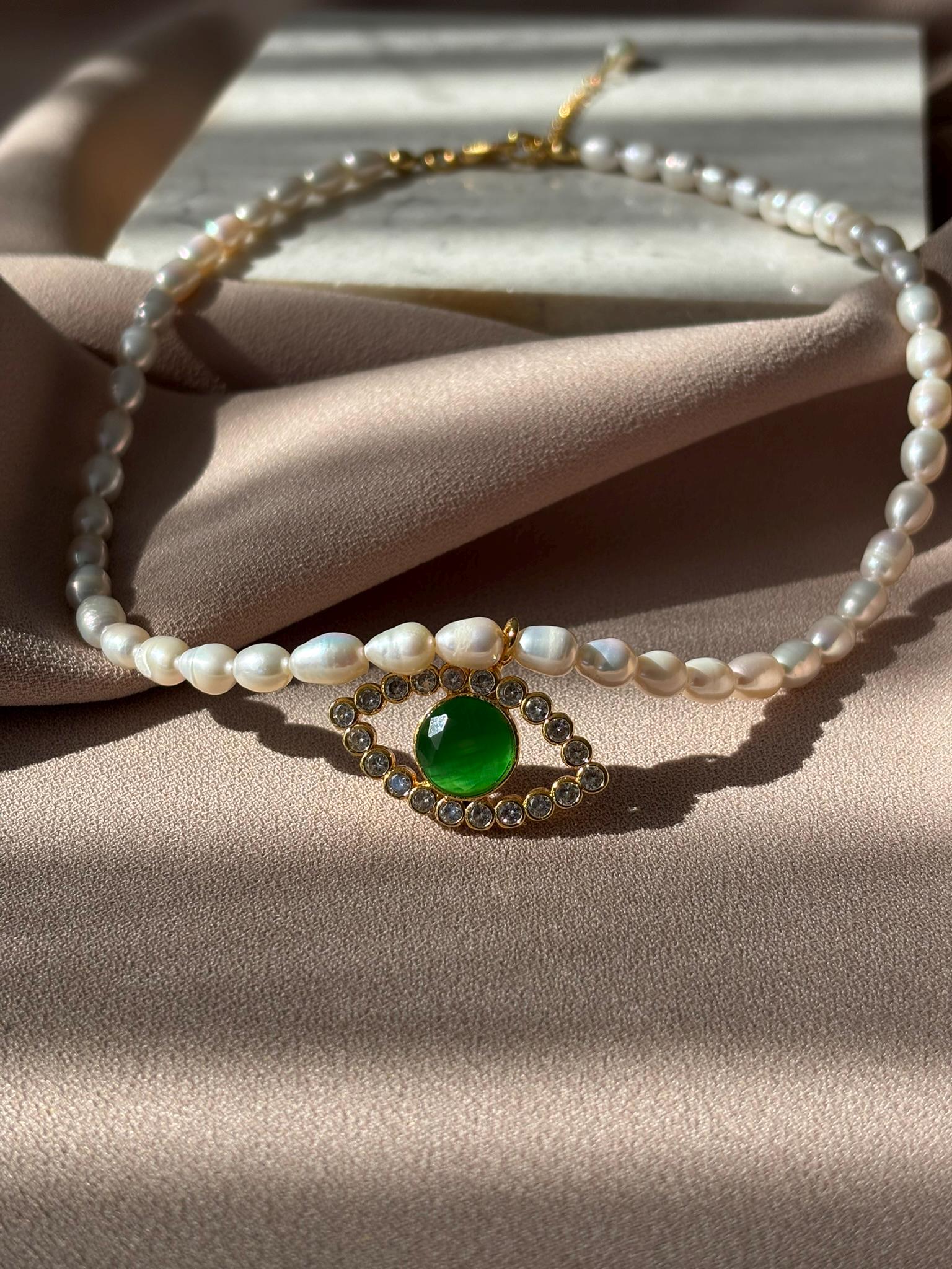 Naturstein Perlen Kombination Grün Katzenauge Stein Zirkon Halskette von BuinJewellery