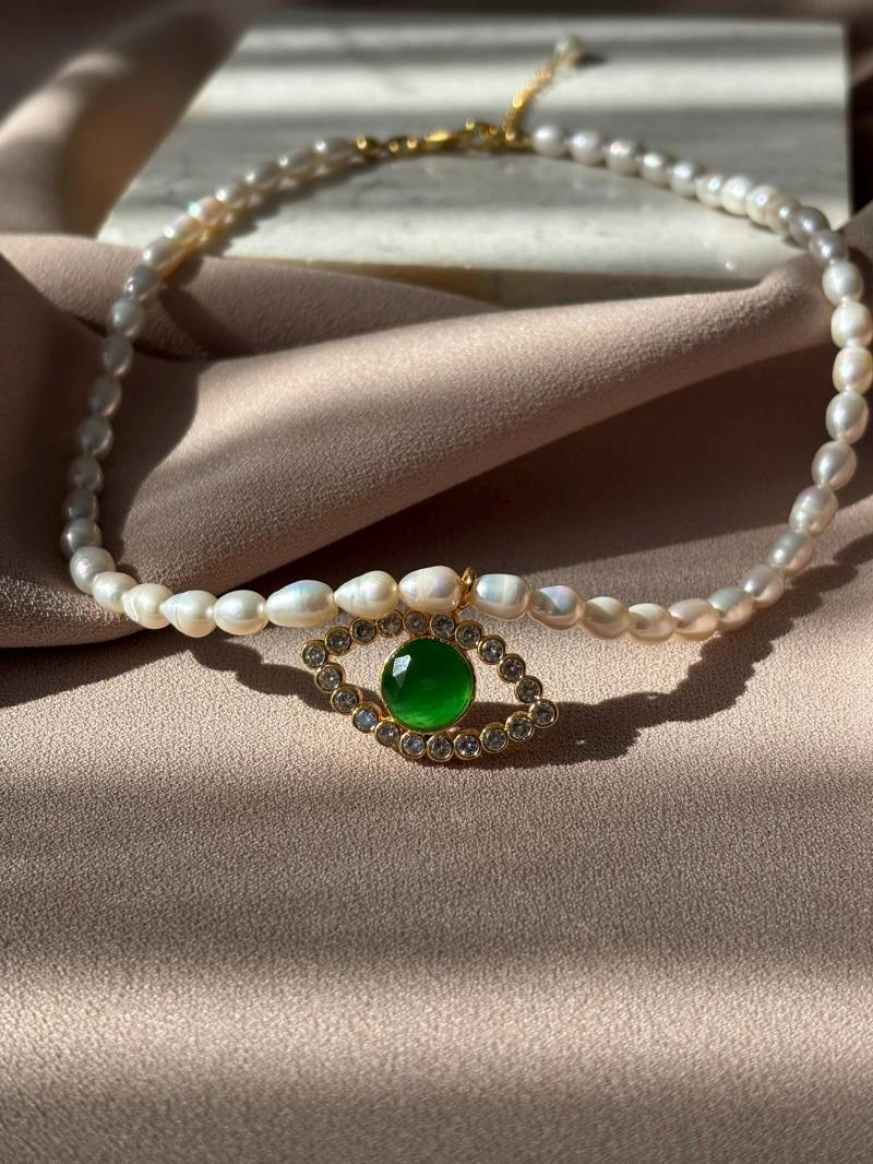 Naturstein Perlen Kombination Grün Katzenauge Stein Zirkon Halskette von BuinJewellery