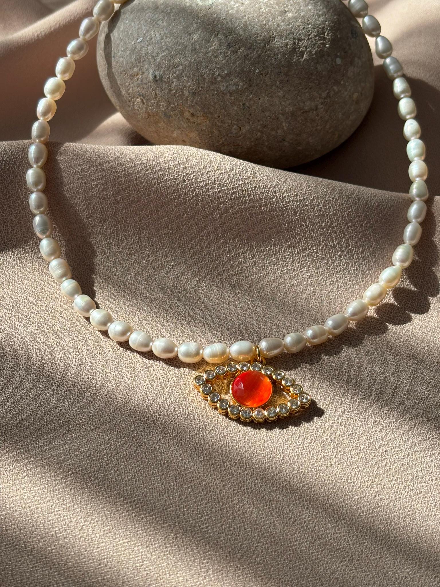 Naturstein Perlen Kombination Orange Katzenauge Stein Zirkon Halskette von BuinJewellery