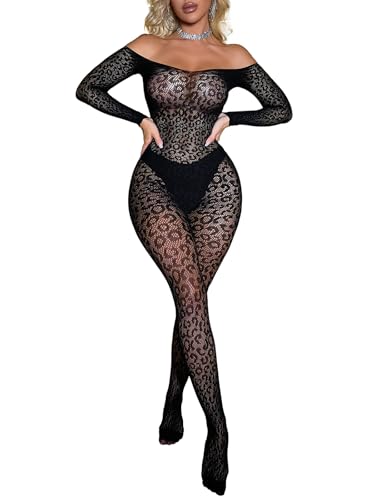 Buitifo Damen-Dessous Bodystrümpfe Leopardenmuster Fischnetz-Body Ganzkörper-Overall Rave-Outfits(Schwarz 1,Einheitsgröße) von Buitifo