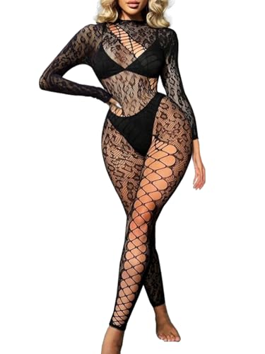 Buitifo Damen-Dessous Bodystrümpfe Leopardenmuster Fischnetz-Body Ganzkörper-Overall Rave-Outfits(Schwarz 3,Einheitsgröße) von Buitifo