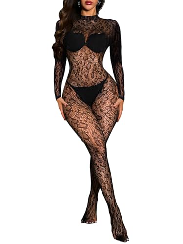 Buitifo Damen-Dessous Bodystrümpfe Leopardenmuster Fischnetz-Body Ganzkörper-Overall Rave-Outfits(Schwarzt 2,Einheitsgröße) von Buitifo
