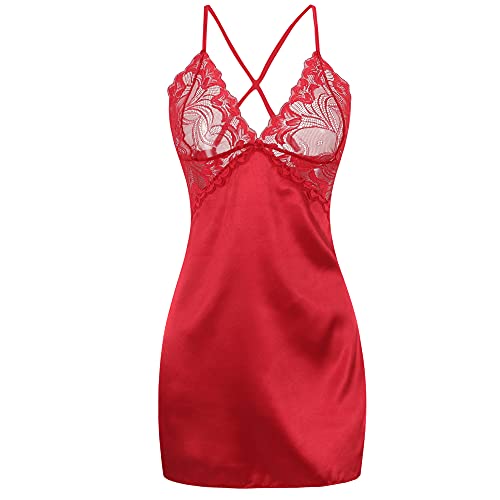 Buitifo Damen Dessous Nachtwäsche Sexy V-Ausschnitt Chemise Spitze Träger Babydoll Nachtwäsche, Rot 02, X-Groß von Buitifo