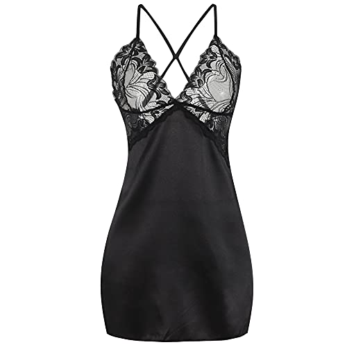 Buitifo Damen Dessous Nachtwäsche Sexy V-Ausschnitt Chemise Spitze Träger Babydoll Nachtwäsche - Schwarz - Groß von Buitifo