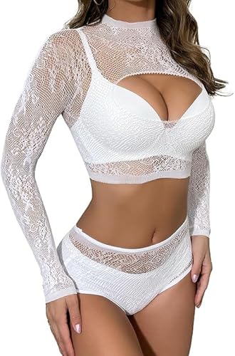 Buitifo Damen Dessous-Sets Sexy Lingerie Fischnetz Sexy Bodys Nachtwäsche(White0090,M) von Buitifo