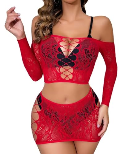 Buitifo Damen Dessous-Sets Sexy Lingerie Fischnetz Sexy Bodys Nachtwäsche (Red TJC,M) von Buitifo