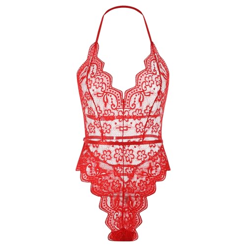 Buitifo Damen Spitze Bodysuit EIN Stück Babydoll Rückenlos Mini Teddy V-Ausschnitt Dessous(Rot 2 XL) von Buitifo