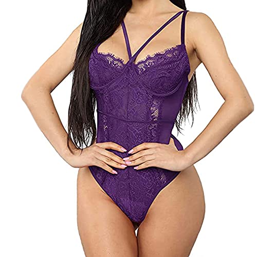 Buitifo Damen Sexy Body Dessous EIN Stück Babydoll V-Ausschnitt Teddy Schritt einrasten(Purple,L) von Buitifo