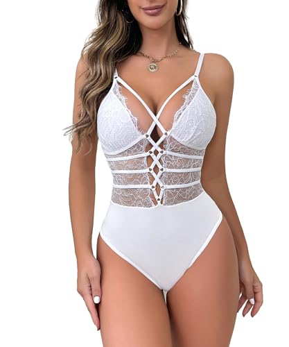 Buitifo Damen Sexy Body Ein Stück Babydoll Dessous Spitze Teddy Negligee(White,L) von Buitifo