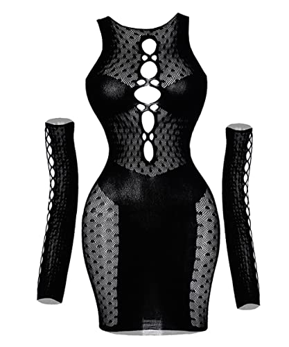 Buitifo Damen Sexy Dessous Kurzes Kleid aus Fischnetz Babydoll Bodysuit Netzs Flexibel Mini Kleid Nachtwäsche(XZQ,Schwarz M) von Buitifo