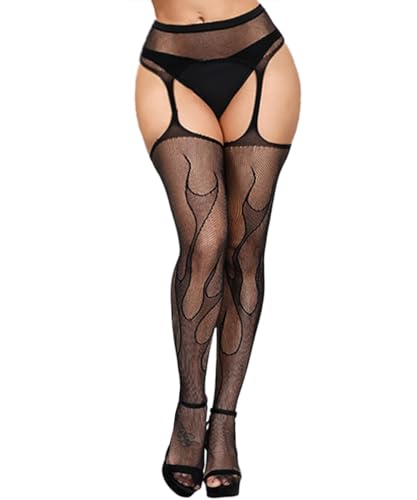 Buitifo Frau Oberschenkel Hohe Strumpfhosen Gemusterte Strumpfhosen Garter Fischnetz Strumpfhose(schwarz huo,M) von Buitifo