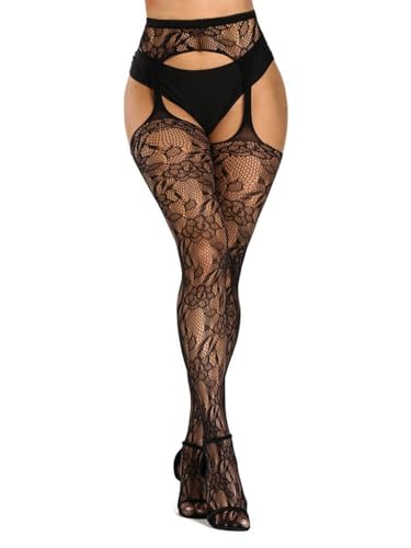 Buitifo Frau Oberschenkel Hohe Strumpfhosen Gemusterte Strumpfhosen Garter Fischnetz Strumpfhose(schwarz zhenghua,M) von Buitifo