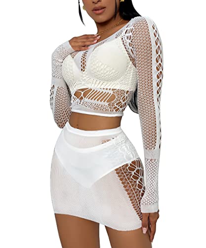 Buitifo Frauen Dessous Set Sexy Mesh Two Piece Sets Langarm Tops und Bodycon Röcke（White,One Size von Buitifo