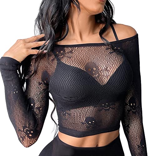 Buitifo Frauen Sexy Crop Top Mesh Nachtwäsche Schädel Halloween Kostüm Dessous Shirts(Black,M) von Buitifo