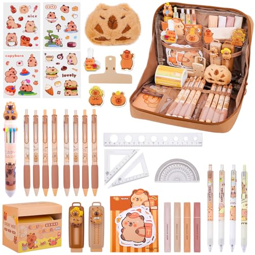 Bukbas 62 Stück Capybara Schreibwaren Set, Süßes Capybara Federmäppchen Geschenkset für Kinder und Schüler, Capybara Mäppchen mit Stiften, Clips, Linealen Und Mehr, Capybara Sticker und Mehr von Bukbas