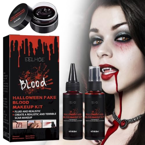Halloween Kunstblut 3er Set, Halloween Schminke Fake Blood 50ml+ 50 ml Kunstblut Spray + 30 ml Kunstblut, Fake Blut Realistisch, Abwaschbar und Sicher für Theaterschminke, Zombies, Vampire, Cosplay von Bukezudang