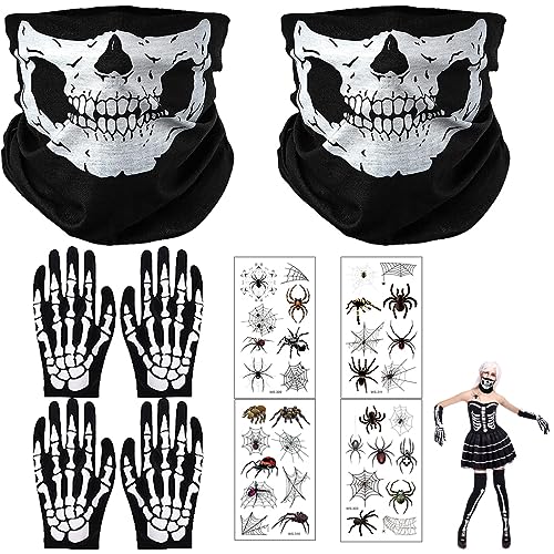 Motorrad Totenkopf Maske, White Skeleton Gloves, 2 Stück Skelett Maske mit 2 Paar Skelett Handschuhe, 4 Blatt Tattoo-Aufkleber, Skelett Handschuhe Gesichtsmaske, für Halloween, Karneval, Party Kostüm von Bukezudang