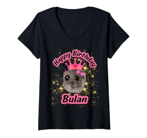 Damen Happy Birthday Bulan Cute Hamster Black Meme Personalisiert T-Shirt mit V-Ausschnitt von Bulan Happy Birthday Cute Hamster Black Meme