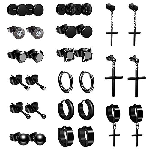 Bulckrew 15 Paare Schwarze Ohrringe Fakeplugs Tunnel Piercing Set Creolen aus Edelstahl mit Zirkonia Kreuz Anhänger Ohrstecker für Herren Damen Unisex von Bulckrew